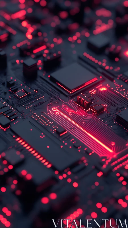 Glowing red circuit traces stream across a dark motherboard.