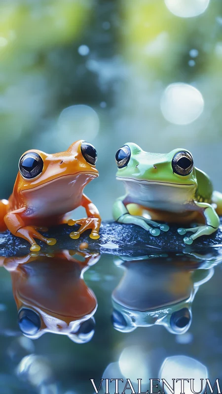 Bicolor tree frogs on wet stone with mirrored water reflections.