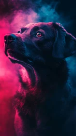 Canine portrait under bifurcated neon rim lighting in color smoke