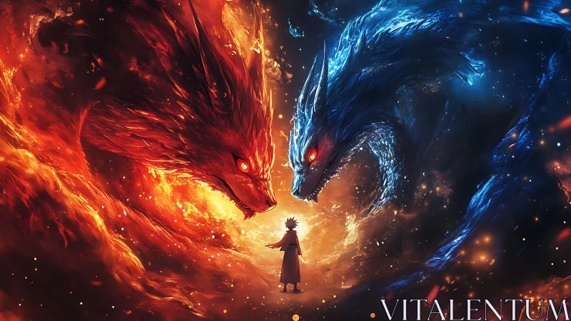 Human figure between opposing fire and ice wolf forms.