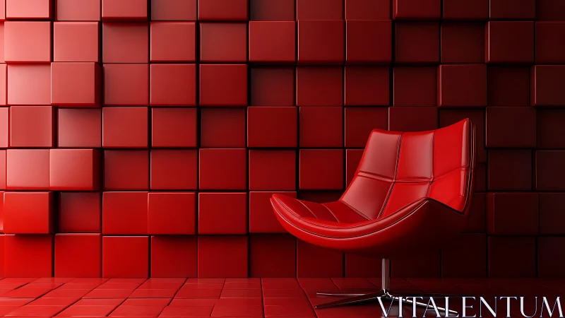 Red modern chair positioned within monochromatic tile environment.
