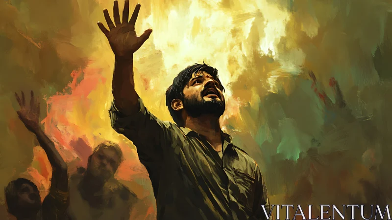 Expressive digital painting of man reaching toward radiant sky.