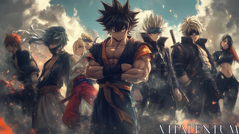 Epic anime warrior ensemble in dynamic storm-lit clouds.