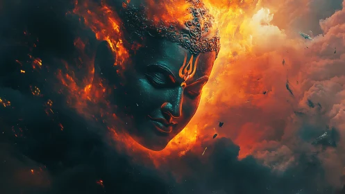 Serene divine face emerges from blazing cosmic firestorm.