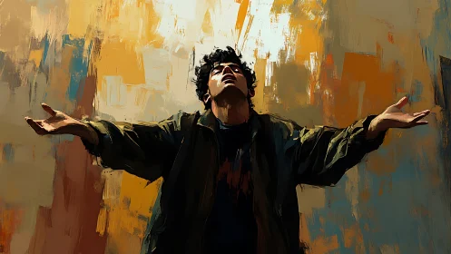 Figure with outstretched arms before abstract painted backdrop.