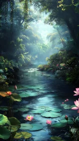 Mystic jungle river with luminous lotus lily pads glowing