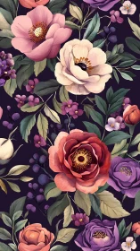 Botanical illustration with layered floral arrangement on dark ground.
