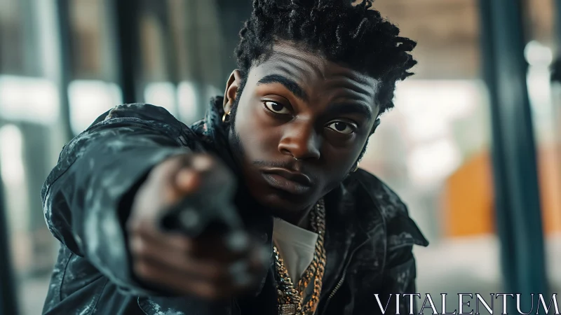 Intense urban portrait with direct pointing gesture focus.