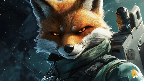 Starbound fox captain stalks the void with ember-bright eyes.