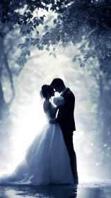Backlit bridal silhouette in high-contrast forest atmosphere