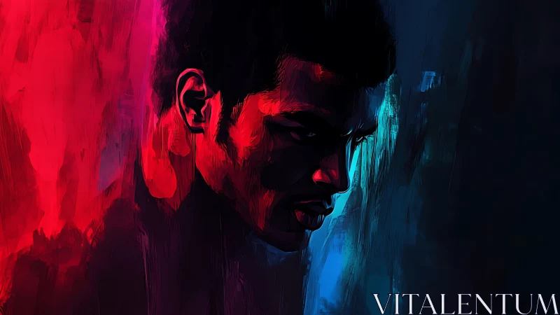 Moody portrait splits between neon red and blue shadows.