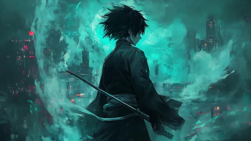 Neon storm ronin surveying a drowned cyber cityscape.