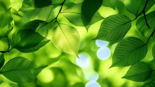 Sunlit green leaves glow against a soft bokeh forest backdrop.
