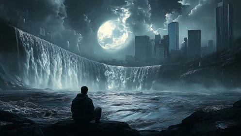 Moonlit urban waterfall engulfs futuristic city skyline.