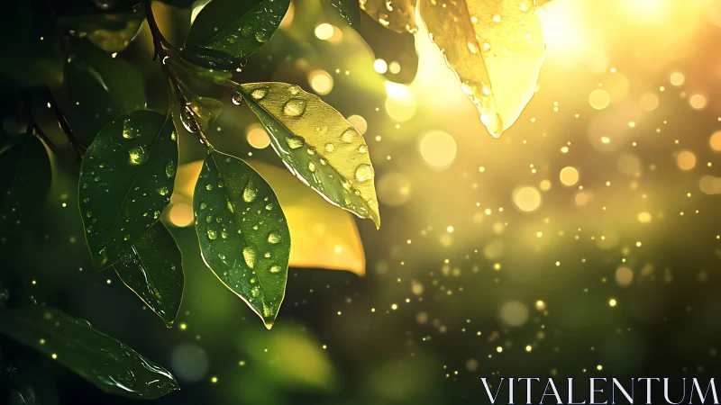 Morning light dancing on dew-kissed green garden leaves.