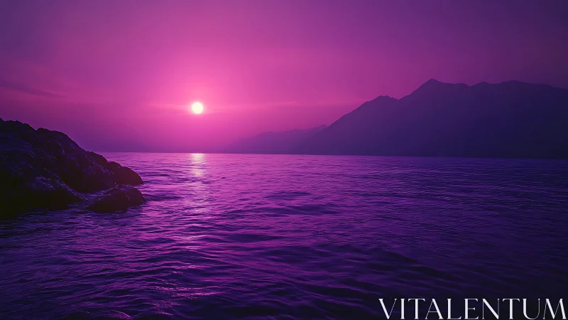 Monochromatic magenta seascape with silhouetted mountains at sunset