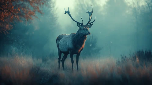 Gentle stag poised in misty dawn light of quiet forest.