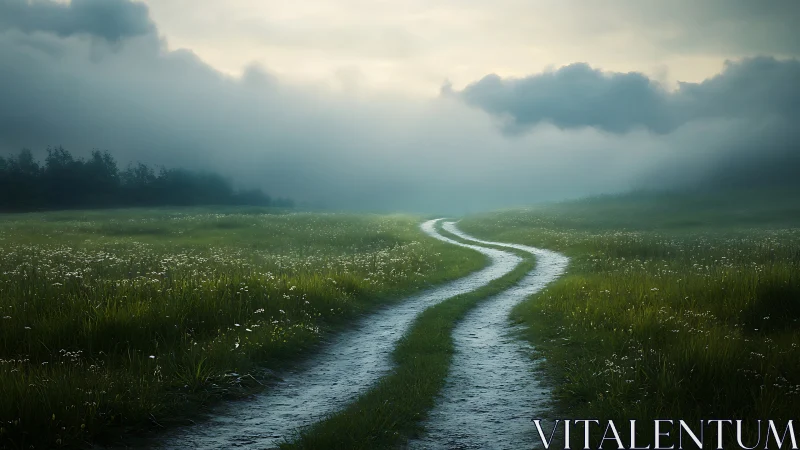 Curving dirt path winds through misty green meadow at dawn