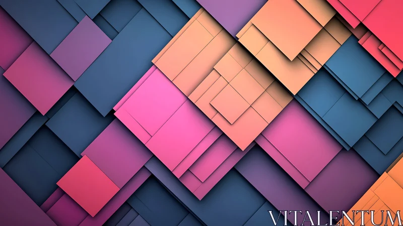 Layered geometric squares in bold pink, blue, and orange