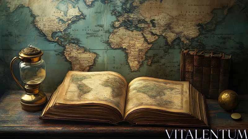 Ancient world atlas rests open before a vintage map wall