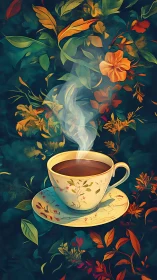 Floral teacup with rising steam in lush painted garden.
