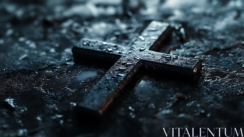 Rain-soaked steel cross resting in midnight streetlight hush.