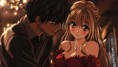 Romantic anime couple in warm candlelit interior scene.