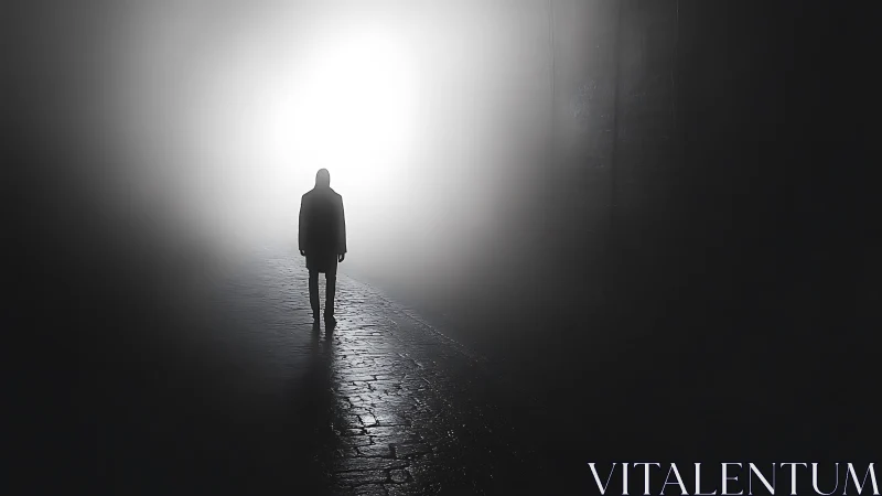 Lonely figure walking into bright light in dark tunnel.