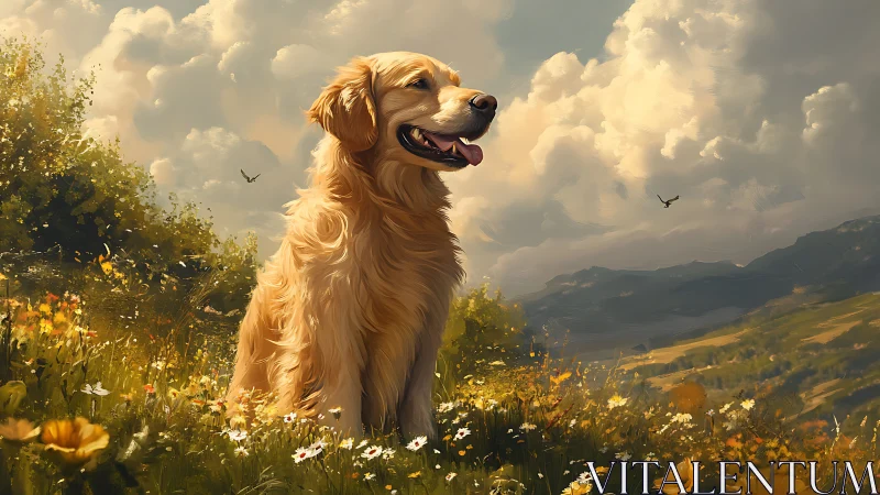 Golden retriever in atmospherically lit alpine wildflower meadow.