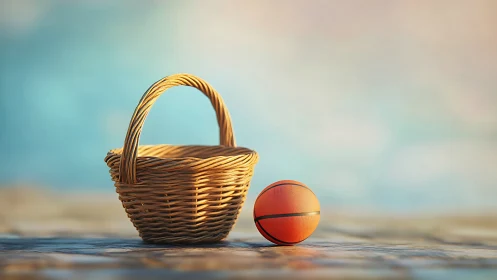 Sunny wicker basket and playful ball rest in soft daylight