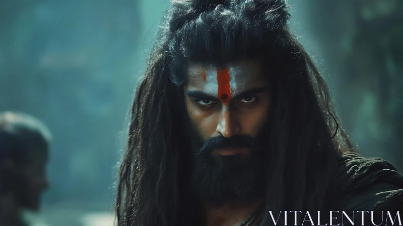 Long haired man with tilak mark in dim outdoor setting.