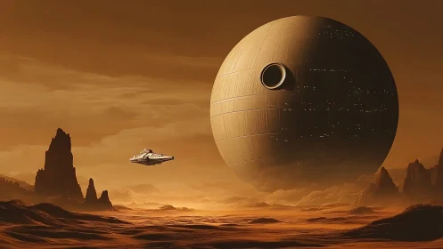 Orbital sphere above desert canyon under amber sky.