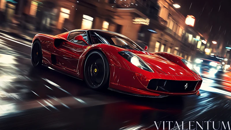 Scarlet supercar glides through rainy city streets at night