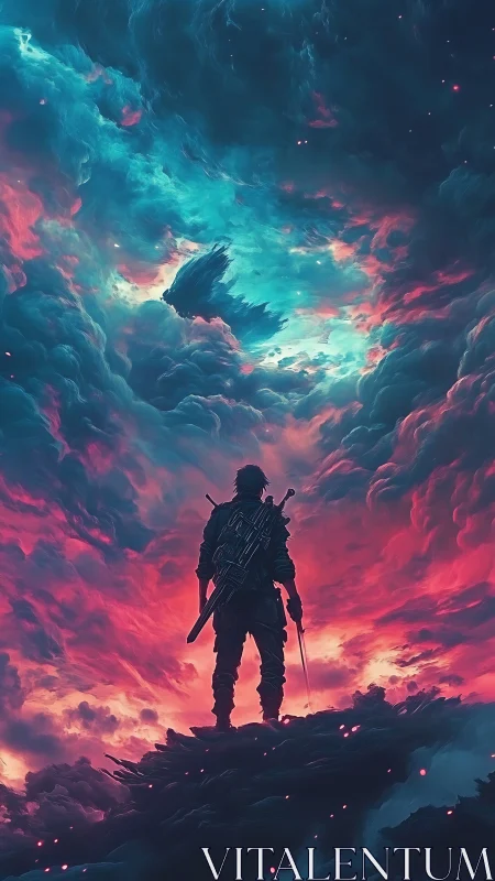 Silhouetted armed figure stands beneath vivid turbulent clouds