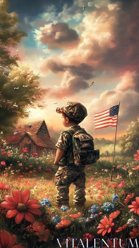 Young soldier observes rural flag in luminous wildflower field.