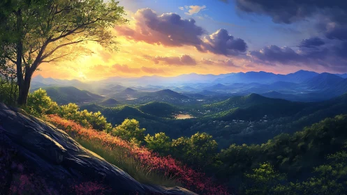 Sunset over layered blue mountains from hillside overlook.