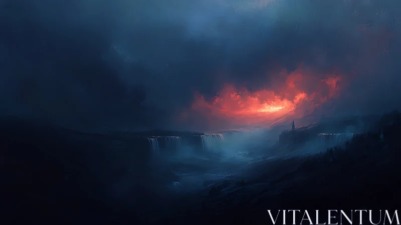 Storm-wreathed valley with crimson sky over distant spire.