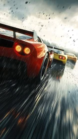 Sports cars move along a wet racetrack in heavy rainfall