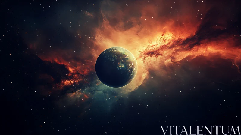 Planet illuminated against fiery nebula in deep space