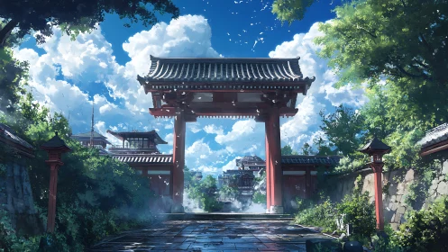 Sunlit shrine gate frames vivid summer sky and gardens.