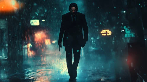 Brooding gunman in neon rainstorm on cinematic street.