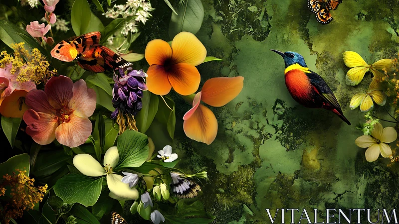 Highly saturated tropical flora and bird rendered in detailed digital painting