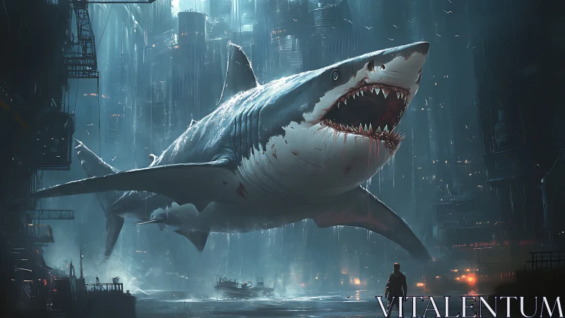 Colossal shark glides through neon city as one figure watches