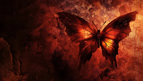 Emberwing monarch flaring against a cracked crimson dusk.