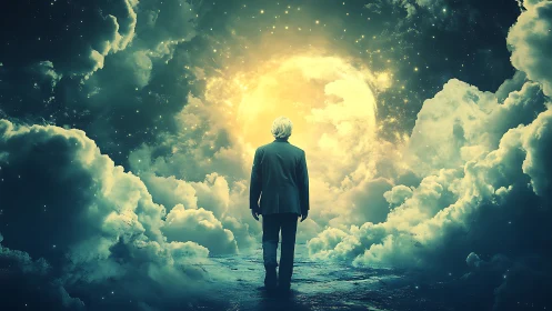 Solitary figure stands before luminous celestial cloud portal