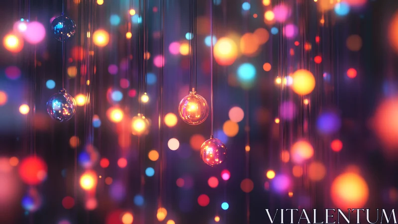 Suspended glass orbs amid soft multicolored bokeh lights.
