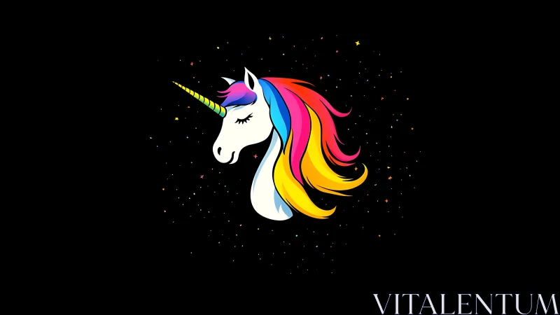 Rainbow unicorn portrait glows against deep star field