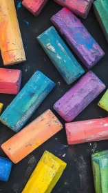 Macro study of multicolored soft pastels on dusty black ground