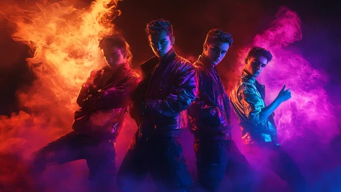 Neon-lit boy band lineup framed by vivid glowing smoke.