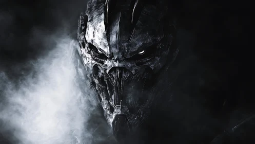 Armored cybernetic skull emerging from smoky darkness.